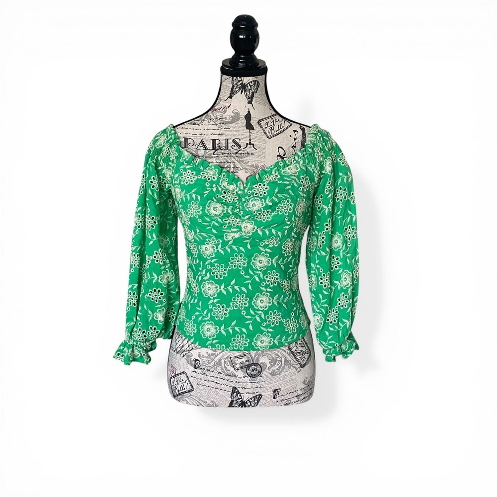 Embroidered Ruffle Sweetheart Top‎ Blouse Women XS Green Floral Eyelet Cottage